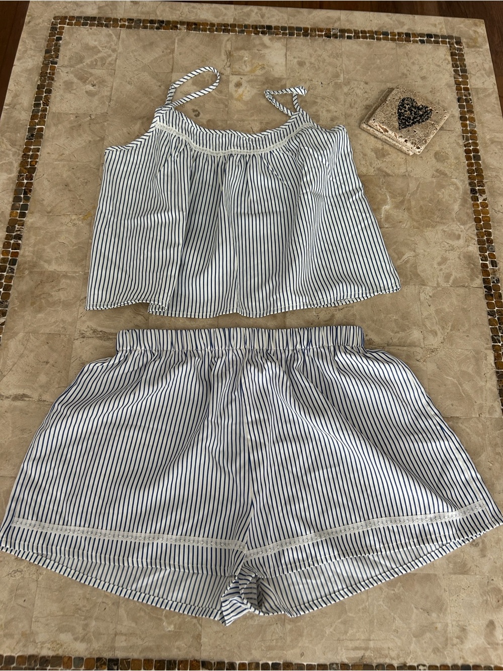 Cider Blue Striped Pajama / Lounge Set Lace Trim Cami Shorts NWOT Size M